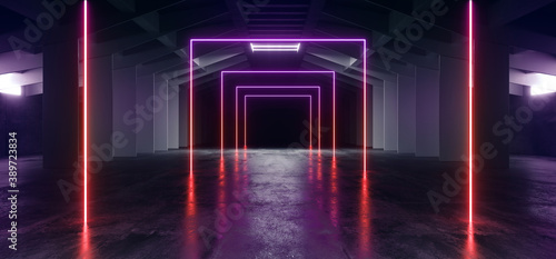 Neon Laser Electric Glowing Purple Red Blue Lights In Sci Fi Futuristic Warehouse Cement Concrete  Tunnel Corridor  Alien Spaceship 3D Rendering © IM_VISUALS