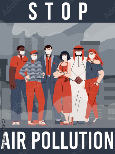 Stop air pollution banner or poster template with cartoon people on smog polluted urban landscape background, flat vector illustration. Environment contaminating banner.