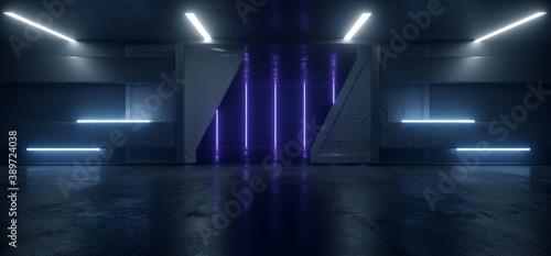 Fototapeta Naklejka Na Ścianę i Meble -  Sci Fi Neon Glowing Blue Cinematic Showroom Spaceship Futuristic Metal Gate Mechanism Dark Underground Tunnel Corridor Hallway Background 3D Rendering