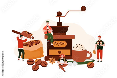 Small miniature people character workers in coffee shop collecting beans and roasting to make coffee, flat cartoon vector illustration white background