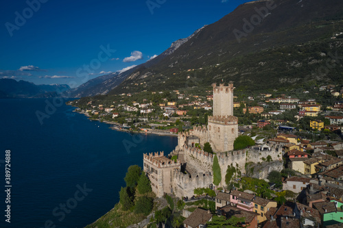 Malcesine town, Lake Garda, Italy. Panoramic aerial view of Scaliger Castle in Malcesine, Malcesine town. Italian resort on Lake Garda, Monte Baldo.