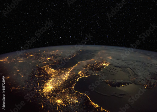 Northern Italy at night from space. Elements of this image from NASA. 