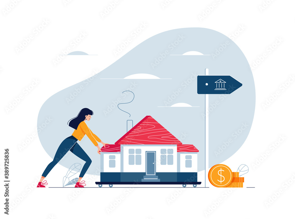 Mortgage refinancing concept. Woman carries a home to the bank. Female character draggs a house for loan refunding with getting cash out. Vector illustration isolated on white, cartoon flat design Mortgage refinancing concept. Woman carries a home to the bank. Female character draggs a house for loan refunding with getting cash out. Vector illustration isolated on white, cartoon flat design