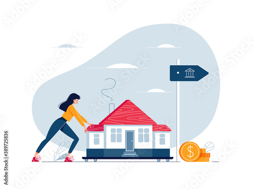 Mortgage refinancing concept. Woman carries a home to the bank. Female character draggs a house for loan refunding with getting cash out. Vector illustration isolated on white, cartoon flat design