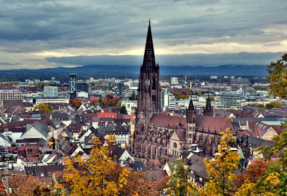 Blick aufs Freiburger Münster im Herbst