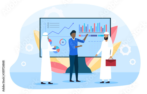 International Expo Exhibition with Arab Men. Businessman Presenting new product. Arabian people discussing and talking to company representative. Flat cartoon vector Illustration