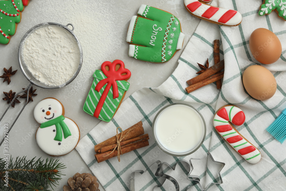 Flat lay composition with delicious homemade Christmas cookies on grey marble table Flat lay composition with delicious homemade Christmas cookies on grey marble table