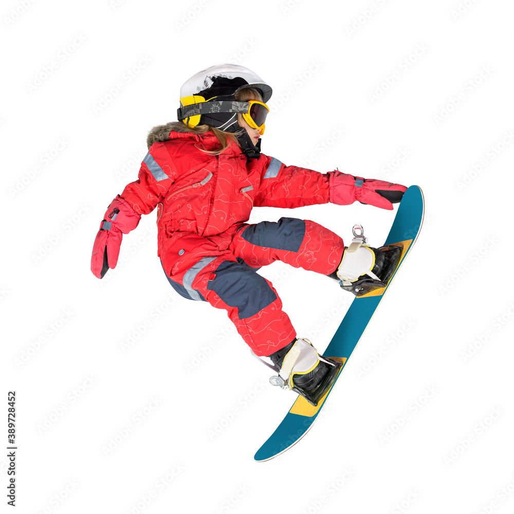 Little snowboarder girl jump isolated on white. Little snowboarder girl jump isolated on white.