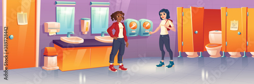 Women in public toilet use automat with hygienic pads and tampons. WC interior with cubicles, ceramics bowls and sinks with liquid soap, paper wipes, mirror and litter bin. Cartoon vector illustration