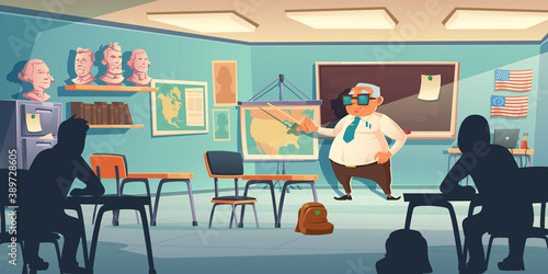 Old teacher trains children history in school classroom. Vector cartoon class interior with blackboard, historic map and famous people busts on shelf. Students study on lesson in college