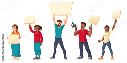 People strike, angry men and women with placards protest on rally demonstration. Characters holding banners and megaphone fight for their rights, citizen protesting, riot, Cartoon vector illustration