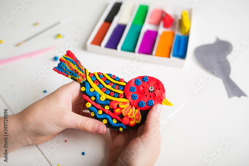 plasticine craft for kids. clay bird. childrens art and creative. Stock  Photo by _Natalya