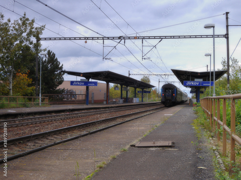 Fototapeta premium Jirkov, Czech republic - October 19, 2020: train on train station - analog noise 400 ASA, not focused