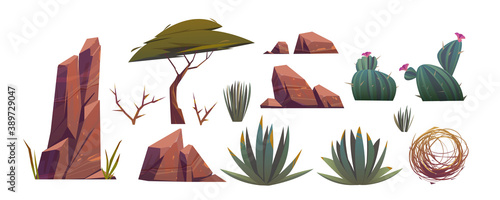 Tumbleweed, cactuses and rocks of sand desert in Africa. Vector cartoon set of stones, rolling dry bush, tropical green tree and desert plants isolated on white background
