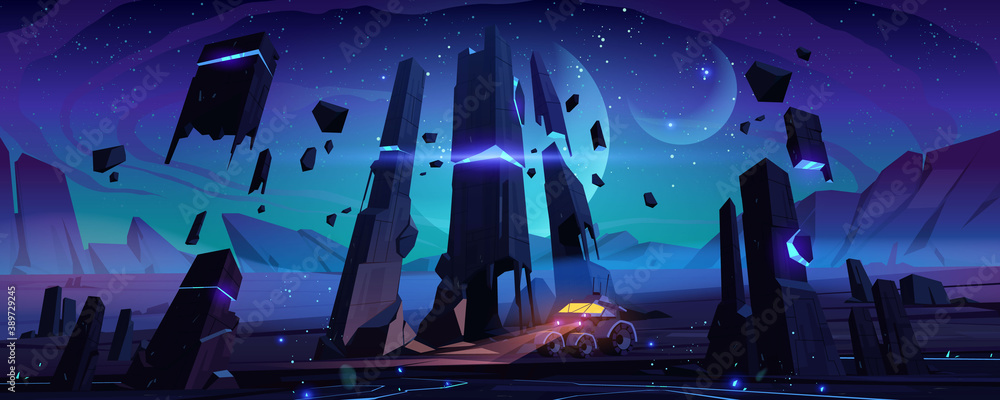Explorer robot on alien planet surface at night. Vector cartoon futuristic landscape of planet with rocks and cosmos with moons and stars. Space illustration with exploration machine