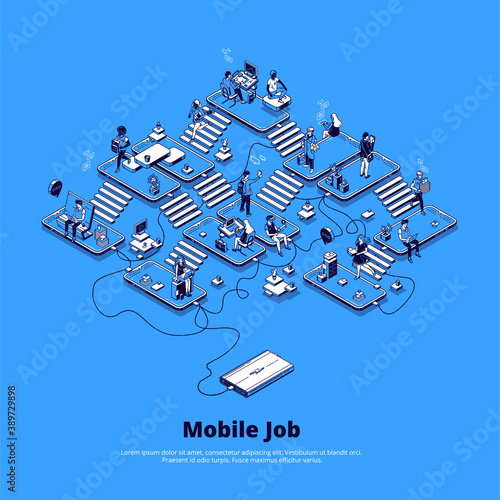 Mobile job banner. Concept of online business using phone, career in digital area, mobile marketing and network. Vector isometric illustration with people work on smartphones