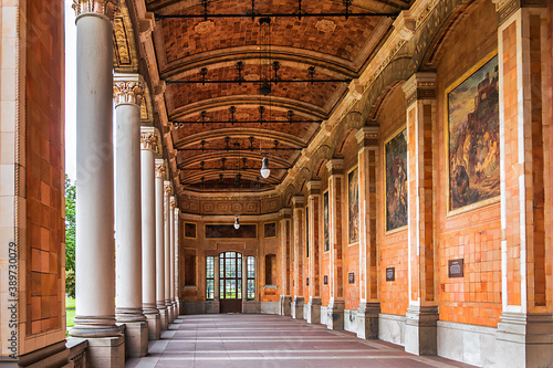 View of Trinkhalle building (pump house, 1839 - 1842) in the Baden-Baden Kurhaus spa complex. 16 Corinthian columns support the 90-meter long, open-plan lobby with 14 murals. Baden-Baden, Germany. photo
