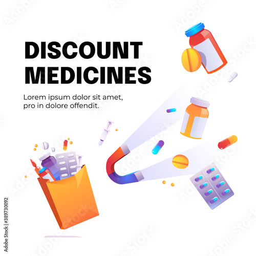 Discount medicines cartoon poster with magnet attract drugs, syringe and medical pills in bottles, ampoule and blisters. Price off promotion, health care, sale in pharmacy concept, vector illustration