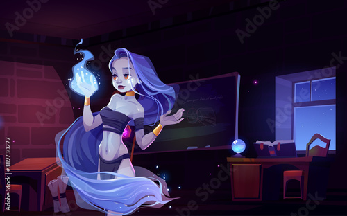 Woman nymph in magic school interior, fantasy character looking on wizard fire on hand. Young witch wear loincloth, wrapped into long hair admire of magical blaze at night Cartoon vector illustration