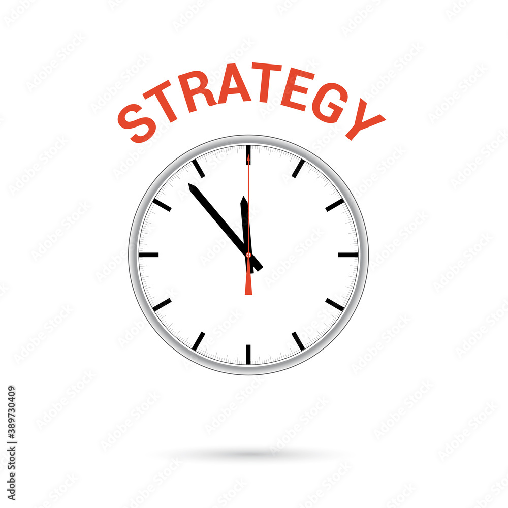 illustration of clock icon. Red arrow points to word STRATEGY. Conceptual icon. illustration of clock icon. Red arrow points to word STRATEGY. Conceptual icon.