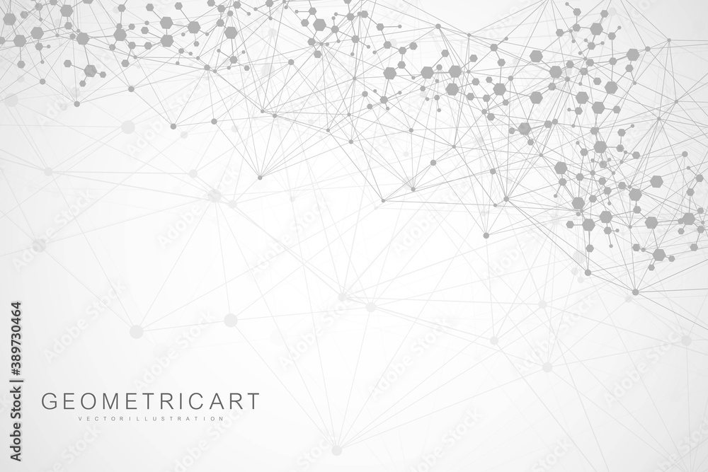 Geometric abstract background with connected line and dots. Structure molecule and communication. Big Data Visualization. Medical, technology, science background. Vector illustration.