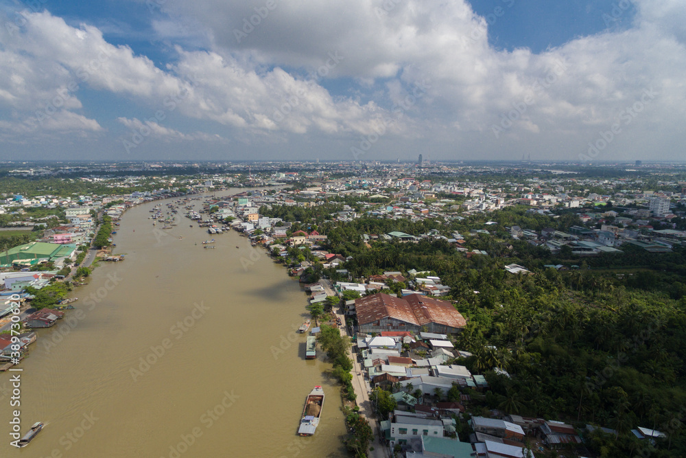 Can Tho fourth-largest city in Vietnam, largest city in the Mekong river Delta in Asia Aerial drone photo