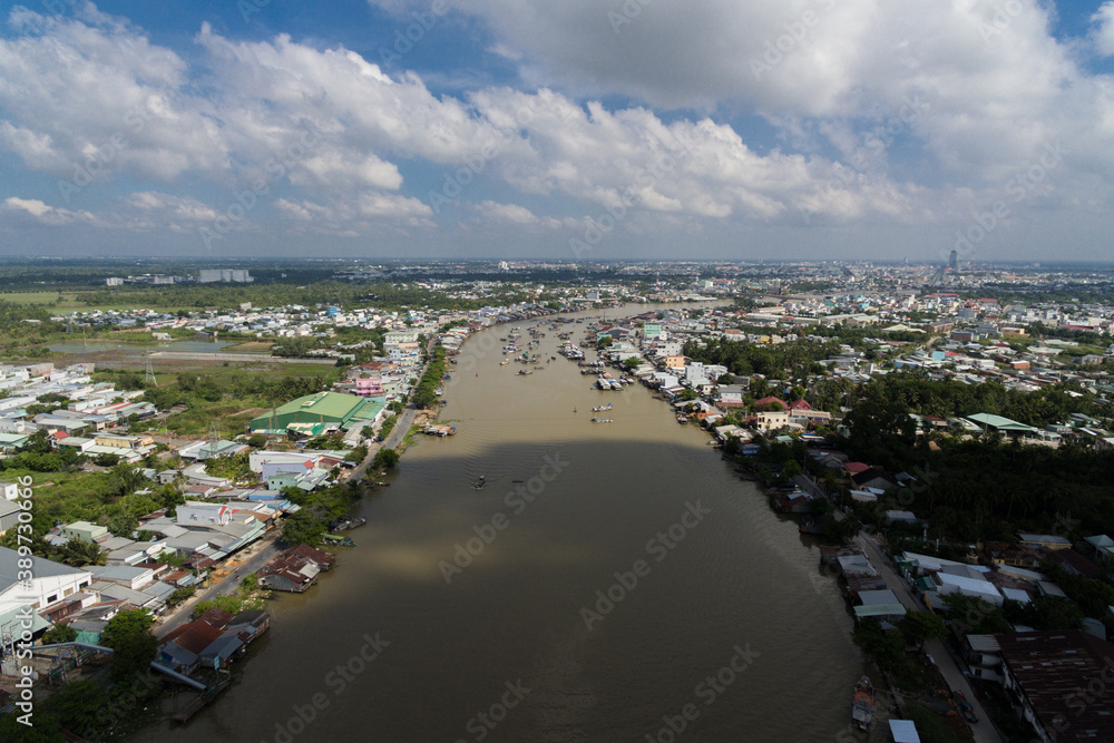 Can Tho fourth-largest city in Vietnam, largest city in the Mekong river Delta in Asia Aerial drone photo