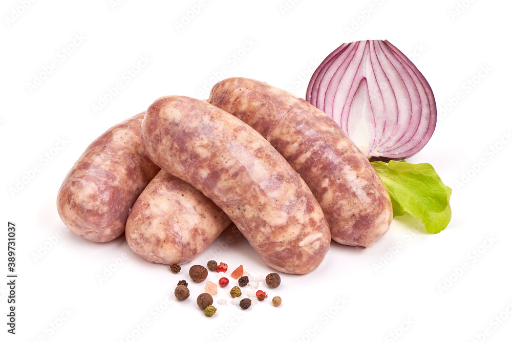 Raw pork Sausages, isolated on white background