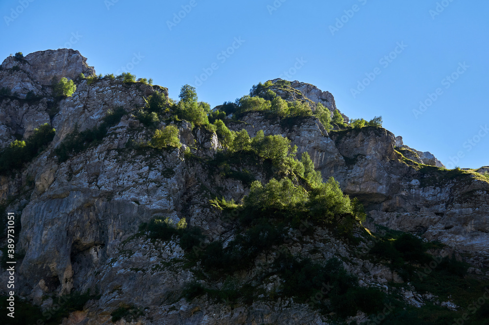 steep mountain ledges, overgrown with vegetation, against the sky