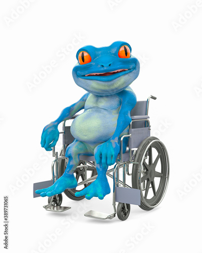 little frog cartoon is riding a wheelchair