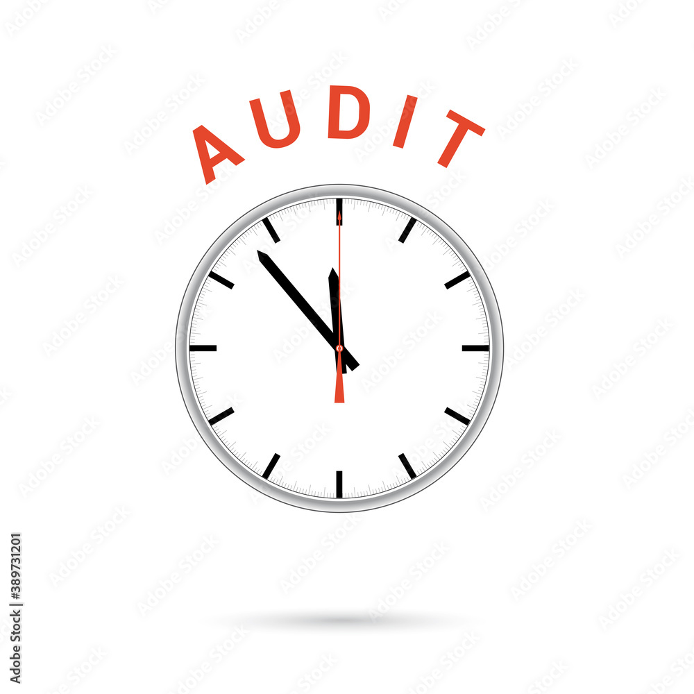 illustration of clock icon. Red arrow points to word AUDIT. Conceptual icon. illustration of clock icon. Red arrow points to word AUDIT. Conceptual icon.