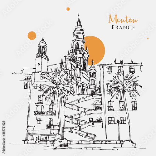 Drawing sketch illustration of Menton, a town in southeast France