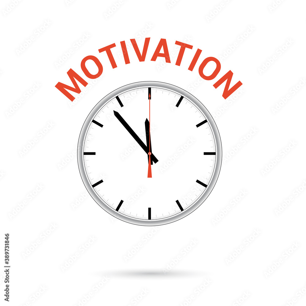 illustration of clock icon. Red arrow points to word MOTIVATION. Conceptual icon. illustration of clock icon. Red arrow points to word MOTIVATION. Conceptual icon.