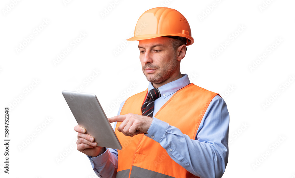 Building Engineer Using Digital Tablet Working Over White Studio Background Building Engineer Using Digital Tablet Working Over White Studio Background