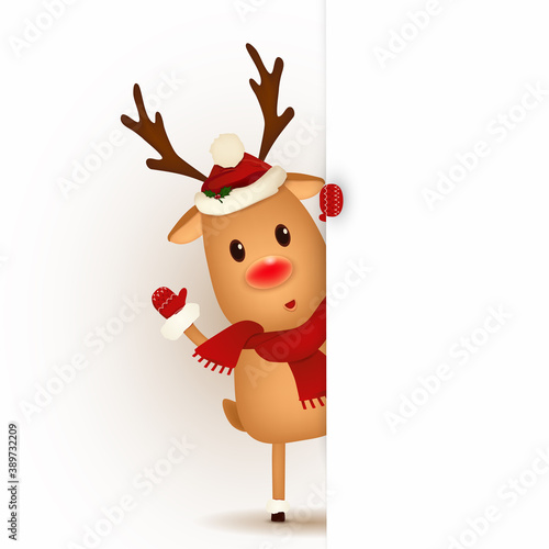 Happy smiling Reindeer standing behind a blank sign  showing on big blank sign. Cartoon Reindeer character with jingle bell and white copy space. vector illustration