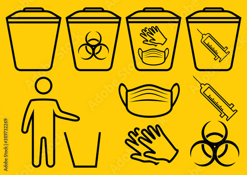 Medical mask utilization. The man throws the medical trash. Biohazard waste disposal. Biohazard infectious waste. Trash can with Biohazard medical gloves and mask symbol. Covid waste. Vector