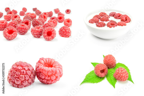 Group of raspberry with leaf on a isolated white background photo