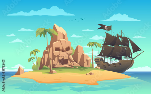 Pirate ship and island with skull cave