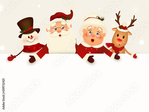 Christmas Cartoon character companions with big blank signboard, white copy space. Wide empty space for design. Santa Claus, Mrs Claus, Reindeer, Snowman with big blank signboard. vector illustration