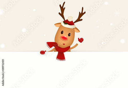 Happy smiling Reindeer standing behind a blank sign, showing on big blank sign. Cartoon Reindeer character with jingle bell and white copy space. vector illustration