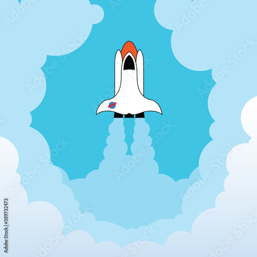 Vector illustrationof Rocket fly above clouds in the blue sky. Startup a business, new idea, creative, success, vision concept