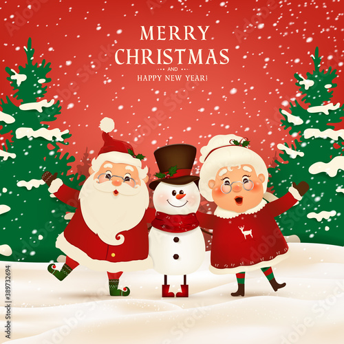 Merry Christmas. Happy new year. Funny Santa Claus with cute Mrs. Claus, snowman in Christmas snow scene winter landscape. Mrs. Claus Together. Vector cartoon character of Santa Claus