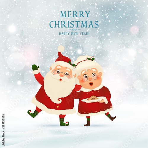 Merry Christmas. Happy new year. Funny Santa Claus with cute Mrs. Claus in Christmas snow scene winter landscape. Mrs. Claus Together. Vector cartoon character of Santa Claus and his wife