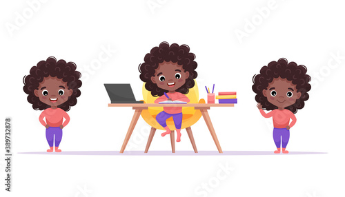 African American cute girl set with afro hairstyle and different gestures and poses isolated on white background. Girl study at the table at home. Cartoon vector illustration