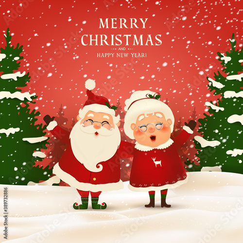 Merry Christmas. Happy new year. Funny Santa Claus with cute Mrs. Claus in Christmas snow scene winter landscape. Mrs. Claus Together. Vector cartoon character of Santa Claus and his wife
