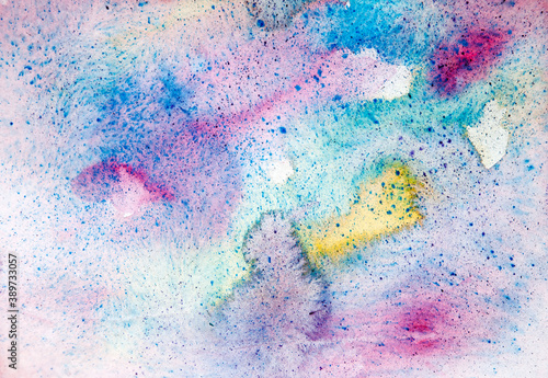 Rainbow splash on a white background. Banner  poster for your graphics. Watercolor abstraction with stains of paint.  illustration. Flashy colors. Copy space. Soft and delicate.