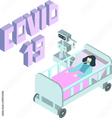 Isometric illustration of a woman suffering from COVID-19. 3d illustration of a woman on oxygen therapy. A woman suffering from coronavirus on artificial lung ventilation