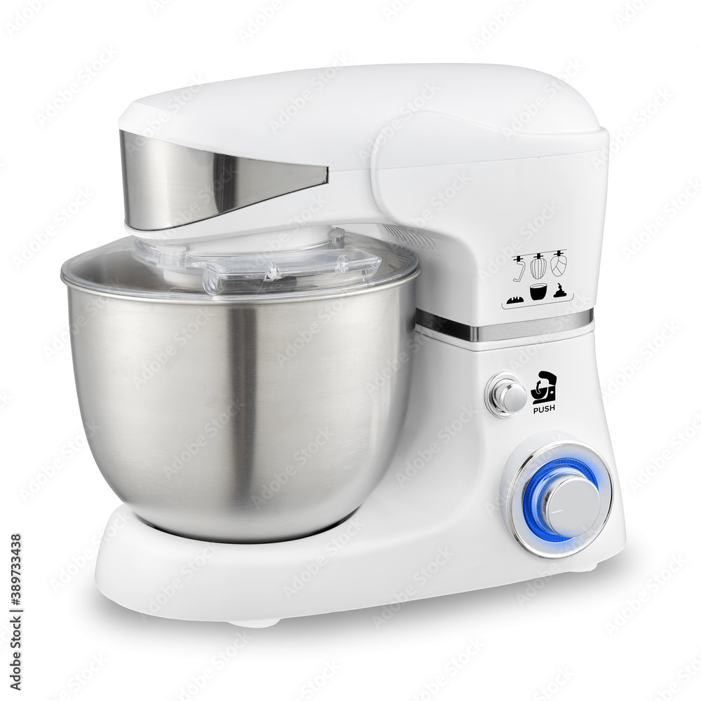 White Bowl-Lift Stand Mixer Isolated on White. Small Electric Kitchen  Appliances. Modern Kitchen Device Accessory. Side View Multi-Task Blender.  6 Speeds 1000Wt Countertop Food Processor Stock Photo | Adobe Stock