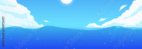 Sea landscape for game background design. Cartoon ocean wave illustration. Blue water and sky with clouds.