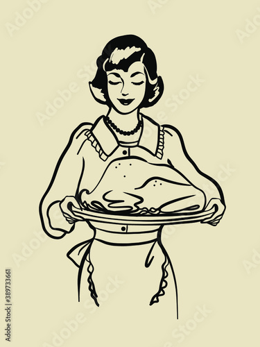 Retro style woman serving turkey, Housewife retro style,  Thanksgiving turkey, Thanksgiving dinner
